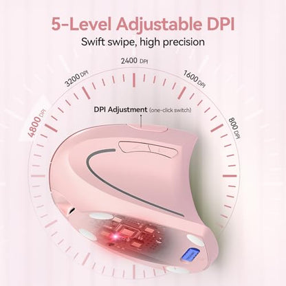 TECKNET Wireless Ergonomic Mouse, Rechargeable Wireless Vertical Mouse | Rechargeable Mouse Pink, 2.4GHz USB Receiver, Silent Click, 6 Adjustable DPI up to 4800, 6 Buttons for Laptop, PC & MacBook, - color: Pink
