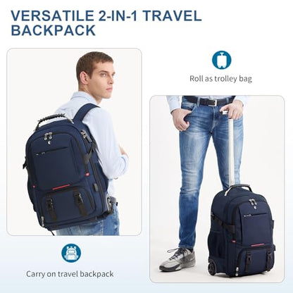 Backpack with wheels,rolling backpack with 2 Packing Cubes and compression bags,Laptop Compartment,Water Resistant Luggage suitcase,Air Travel,Weekend Trips (Blue) - color: Blue