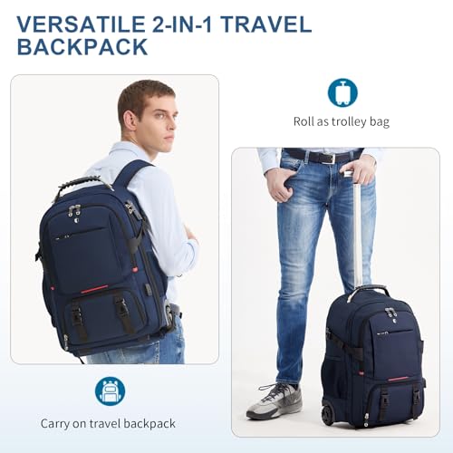 Backpack with wheels,rolling backpack with 2 Packing Cubes and compression bags,Laptop Compartment,Water Resistant Luggage suitcase,Air Travel,Weekend Trips (Blue) - color: Blue