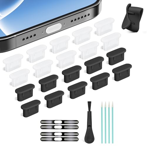 Silicone USB C Dust Plug, 5-in-1 20 Pack USB C Plug Cover with 4 Pack Speaker Dust Cover Charging Port Protector for iPhone 15/16/17/ Kindle All USB C-Port Devices (Black 10+Clear 10+Speaker Cover) - color: Black 10+Clear 10+Speaker Cover