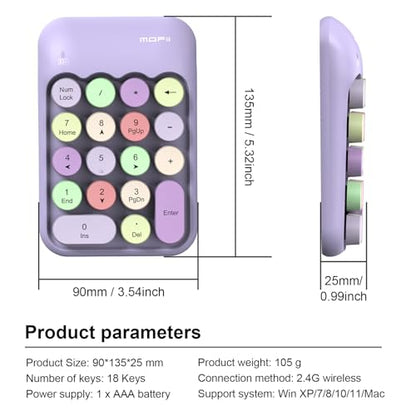 Lomiluskr Cute Wireless Number Keypad with 2.4G USB Receiver, 18 Colorful Round Keys Numpad, Portable Financial Accounting Numeric Keyboard, Suitable for PC, Laptop (Purple) - color: Purple