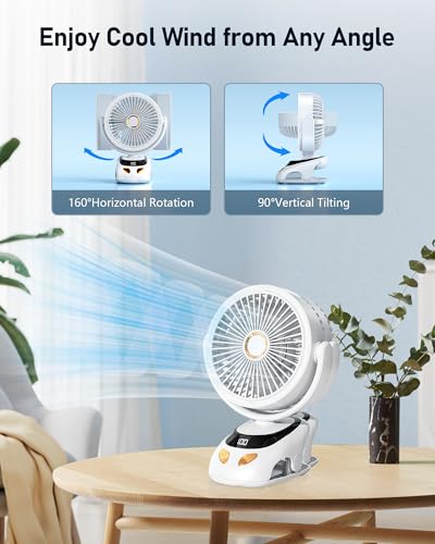 PILSAMAS Clip on Fan Rechargeable, 10000mAh LED Desk Fan with Clamp | Durable ABS plastic shell, Solid metal spring clamp, Great for stroller, Office desk, Camping tent, Treadmill