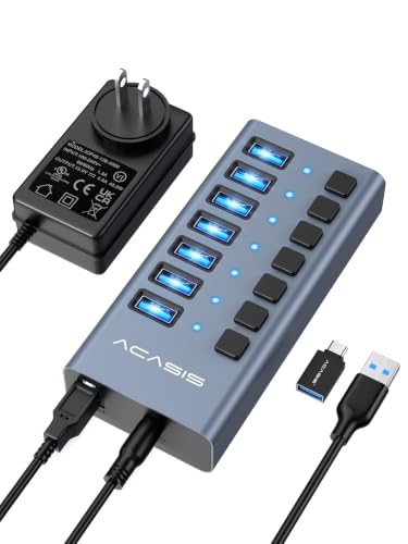 ACASIS Powered 7 Ports USB 3.2 Hub, 10Gbps Data Transfer, 24W Adapter | Individual On/Off Switch for Each Port • Aluminum Housing • Better Heat Dissipation • Plug & Play - size: 7 ports