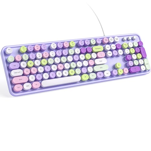 KNOWSQT Wired Computer Keyboard - Purple Colorful Retro Full Size Round Keycaps Plug and Play Typewriter Cute Keyboards for Windows, Laptop, PC, Desktop, Computer - color: A_Purple Colorful