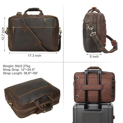 TIDING Full Grain Leather Convertible Briefcase Backpack for Men | Large 15.6 Inch Laptop Messenger Bag Work Business Crossbody Shoulder Bag - color: Dark Brown
