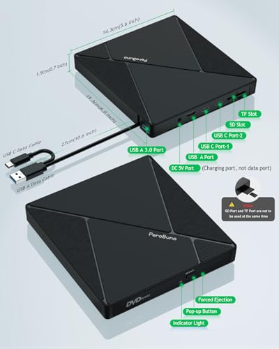 PeroBuno External CD DVD Drive, USB 3.0 Optical Disc Drive, 4 USB Ports and 2 TF/SD Card Slots, CD DVD Burner Writer Reader Player for Laptop MacBook iMac Desktop PC Windows 11/10/8/7/XP Linux Mac OS - color: Grid Black