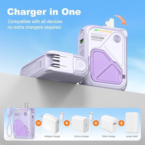 SEANCHEER P05 Portable Charger, Magnetic Power Bank, Small PowerBank, Battery Pack10000mAh Travel Essentials Fast Charging with Built in Cable, Foldable Wall Plug for iPhone,Samsung,Andriod (Purple) - color: Purple