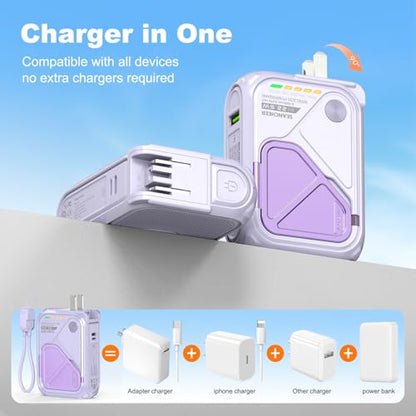SEANCHEER P05 Portable Charger, Magnetic Power Bank, Small PowerBank, Battery Pack10000mAh Travel Essentials Fast Charging with Built in Cable, Foldable Wall Plug for iPhone,Samsung,Andriod (Purple) - color: Purple