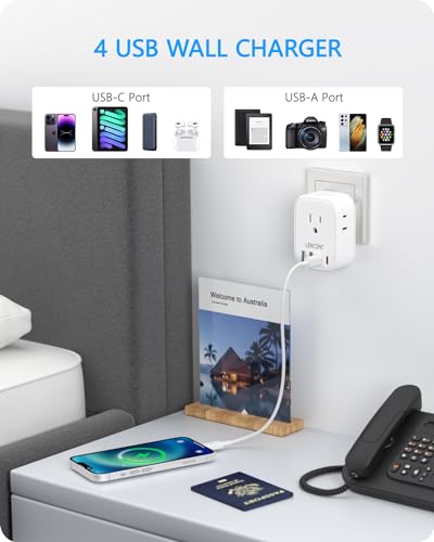 LENCENT Australia New Zealand Power Plug Adapter, US to Australia Adapter | Plug Adapter with 4 Outlets, 4 USB Ports(2 USB C), Type I Plug Converter for US to AU Argentina China Fiji, Travel Essentials - style: Type I-17.5W-Australia China