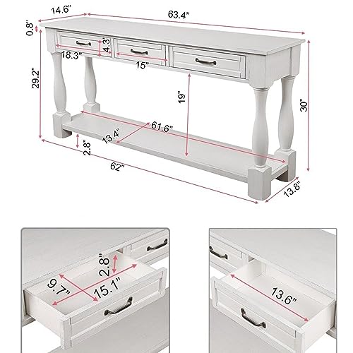 63.4" Solid Wood Console Table for Entryway,Sofa Table with Drawers | Antique White Farmhouse Console Table with 3 Drawers and Bottom Shelf;Solid Wood Sofa Table for Hallway,Foyer,Easy Assembled - color: Antique White