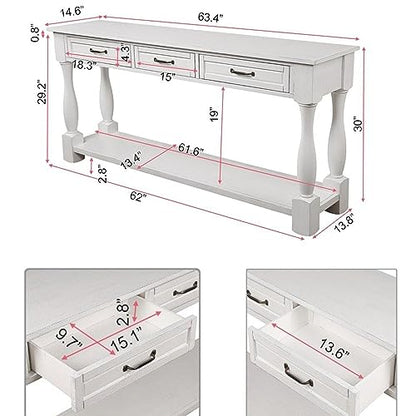 63.4" Solid Wood Console Table for Entryway,Sofa Table with Drawers | Antique White Farmhouse Console Table with 3 Drawers and Bottom Shelf;Solid Wood Sofa Table for Hallway,Foyer,Easy Assembled - color: Antique White