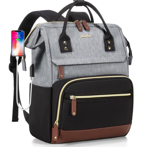 Focdod Laptop Backpack 17.3 Inch Womens Professional Purse Computer Bag Nurse Teacher Backpack College Work Bags Carry on Travel Back Pack with USB Port Black-Grey-Brown - color: 06-black Grey, size: 17.3 Inch