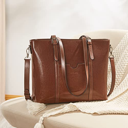 BOSTANTEN Genuine Leather Laptop Bag for Women 15.6'' Briefcase Tote Bags | Laptop Compartment, Structured, Professional, Detachable & Adjustable Shoulder Strap, Metal Feet, Work, Office, Business - color: B-coffee