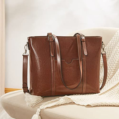 BOSTANTEN Genuine Leather Laptop Bag for Women 15.6'' Briefcase Tote Bags | Laptop Compartment, Structured, Professional, Detachable & Adjustable Shoulder Strap, Metal Feet, Work, Office, Business - color: B-coffee