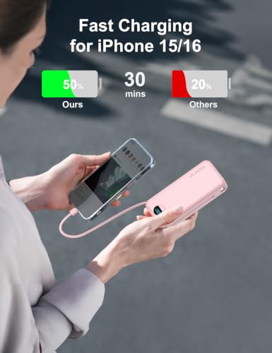 20000mAh Ultra Portable Charger Power Bank with inBuilt Cables&AC Wall Plug | PD20W USB-C Fast Charging Cell Phone Charger Battery Pack,LED Display Travel Battery Bank for All iPhone,Samsung,Android - color: Pink-20Ah