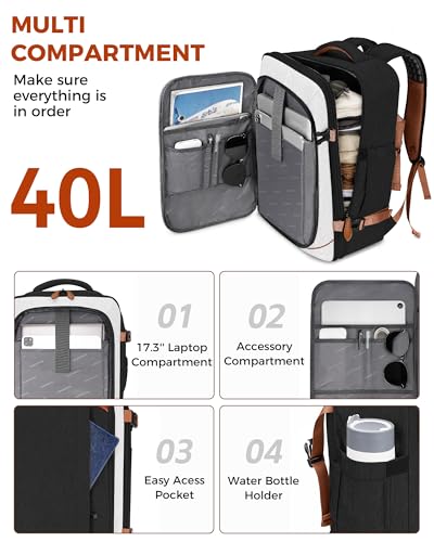 Vancropak 40L Carry on Backpack for Travel, Flight Approved Expandable Bag | 3 Packing Cubes, 17.3" Laptop Compartment, Water-Resistant, Anti-Theft, Lightweight Weekender Travel Bag, Business Backpack - color: Black White Light Brown