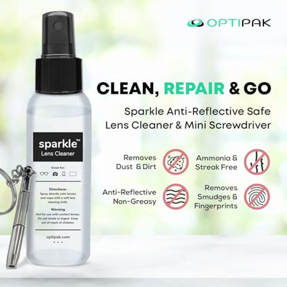Sparkle Anti-Reflective Safe Lens Cleaner & Repair Kit – (2) 1oz Glasses Cleaner Spray, (2) Microfiber Cloth & Keychain Screwdriver for Eyeglasses, Sunglasses, Lenses & Screens (5 Piece Set) - size: 1 Fl Oz (Pack of 2), style: Black – 2x1oz Lens Spray + 2