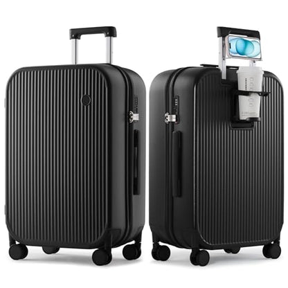 mixi Checked Luggage with Cup Phone Holder Hard Shell Rolling Travel Suitcases with Spinner Wheels,26 Inch Black - color: Black, size: 26-inch