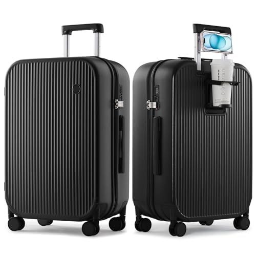 mixi Checked Luggage with Cup Phone Holder Hard Shell Rolling Travel Suitcases with Spinner Wheels,26 Inch Black - color: Black, size: 26-inch
