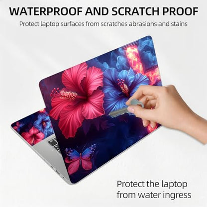Blue Red Hibiscus Flower with Cross Universal Laptop Skin Sticker 3PCS, Protective Decal Trim-to-Fit 11.6" 13.3" 14" 15.6" Laptop Vinyl Cover, Removable Anti-Scratch Computer Decal Protector - color: Blue Red Hibiscus Flower with Cross
