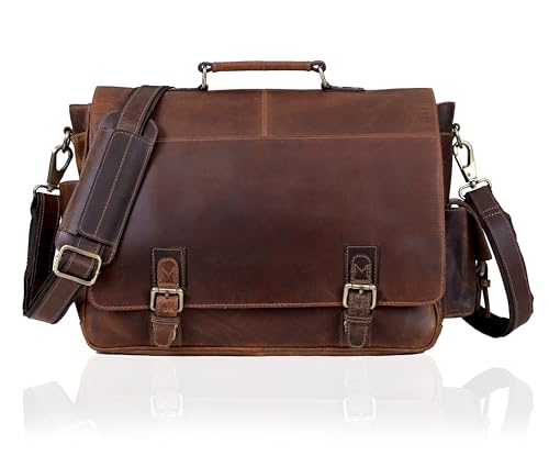 Leather Messenger Bag for Men and Women, Leather Briefcase with Laptop Bag, Shoulder Bag, Office with Adjustable Strap - color: Dark Brown