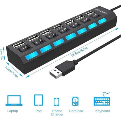 1 Pack 7 Port USB Hub 3.0,USB Hub Splitter with Individual On/Off Switches | Lights Compatible with Laptop,Mobile HDD,PC,Flash Drive - color: 7 Port