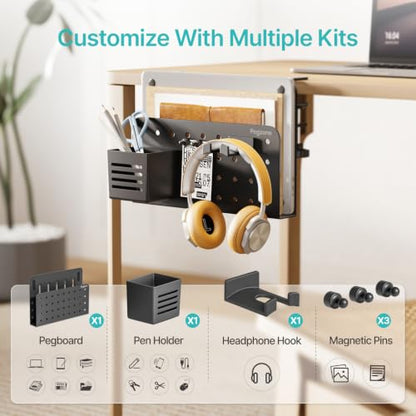 PEGZONE Desk Side Storage Organizer, No Drill Under Desk Laptop Holder, Clamp on Desks Shelf with Pegboard Accessories, Hanging Laptop Mount, Fits Flat Edge 0.4" to 2.2", Black | No Drill Under Desk Laptop Holder, Clamp on Desks Shelf with Pegboard Access