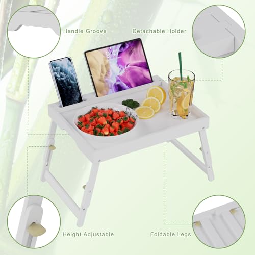 Artmeer Adjustable Bamboo Bed Tray Table with Device Slot, Large, White | Adjustable FSC-certified bamboo bed tray with device slot, folding legs and handles for meals, laptops and reading in bed. - color: White, size: Large Adjustable