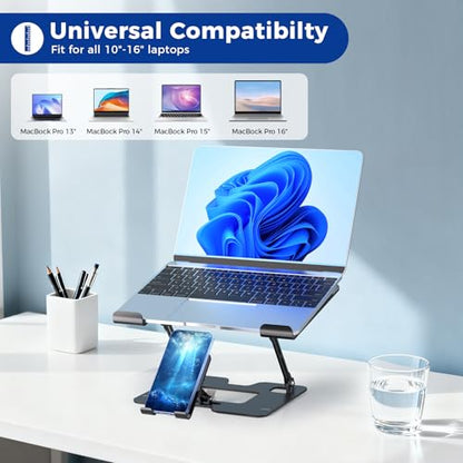 Ergonomic 2-in-1 Laptop Phone Stand for Desk, Adjustable Riser, Sturdy and Portable, Fits All Laptops and Phone（Dark Black） - color: Dark Black