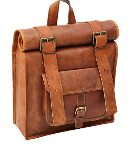 URBAN DEZIRE Men's Leather Vintage Roll On Laptop Backpack Rucksack knapsack college bag - size: 11"(L), 16"(Rolled) -(H)- 21"(Open), 4(W)