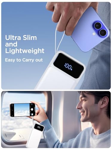 Power Bank, Portable Charger with Built in Cable 22.5W Fast Charging Battery Pack 10000mAh Slim 6 Outputs 3 Inputs LED Display Phone Charger for iPhone Samsung Pixel Moto iPad Travel Essential Gift - color: White