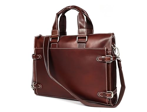 Leather Laptop Briefcase for Men - Classic Brown, 3 Zipper Pockets, 2 Spacious Compartments, Fits 16-inch Laptop (16x12x4 inches), Adjustable Strap