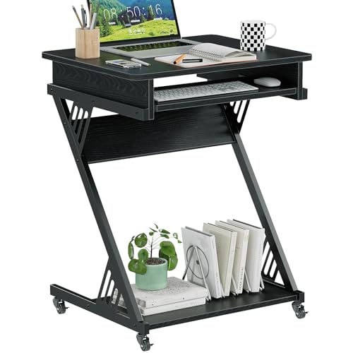 ALISENED Computer Desk for Small Spaces,23.6" Z-Shaped Compact Study Table with Smooth Keyboard Tray,with Wheels and Bottom Shelves for Home Office，Computer Cart Mobile Laptop Cart - color: Black