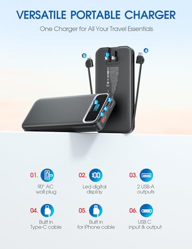 Nusyddy Portable Charger 12000mAh Fast Charging w/Built-in Wall Plug Black | 22.5W Fast Charging, LED Display, Pass Through Charging, TSA Approved, Portable & Slim, Power Bank for iPhone, Samsung - color: Ebony