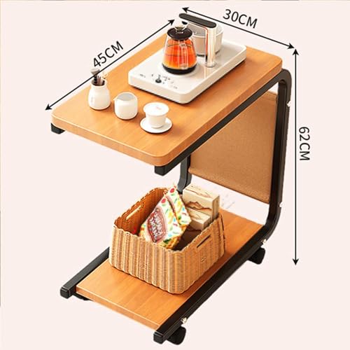 Over Bed Table with Wheels Movable Sofa Side Table with Storage Pockets Space-Saving C-Shaped Side Table with Solid Wood Tabletop for Living Room, Bedroom(Brown) - color: Brown