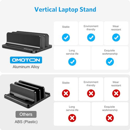 OMOTON Vertical Laptop Stand [Updated Double Version], Desktop Aluminum Mac Book Stand with Adjustable Dock Size, Fits All Mac Book, Surface, Chrome Book and Gaming Laptops (Up to 17.3 inch) (Black) - color: Black