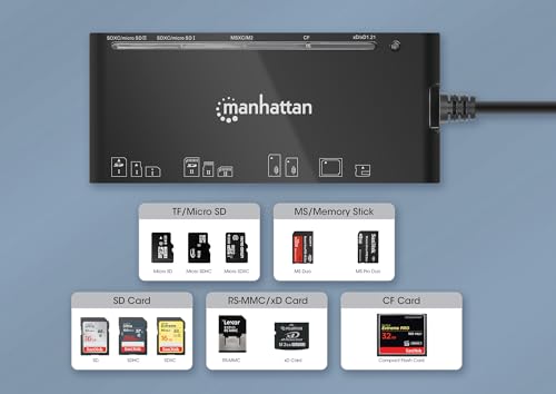 Manhattan 7 in 1 USB C & USB A Combo Multi Card Reader – Long 3 ft Cable – 5Gbps USB 3.0 - SD, TF, CF, Micro SD, XD, MS - Multiple Adapter Hub – 3 Yr Mfg Warranty – 102605 | Seven-slot flash media dock with Type-C and Type-A plugs, SuperSpeed transfers, 3