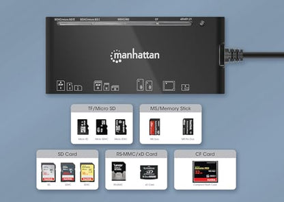 Manhattan 7 in 1 USB C & USB A Combo Multi Card Reader – Long 3 ft Cable – 5Gbps USB 3.0 - SD, TF, CF, Micro SD, XD, MS - Multiple Adapter Hub – 3 Yr Mfg Warranty – 102605 | Seven-slot flash media dock with Type-C and Type-A plugs, SuperSpeed transfers, 3