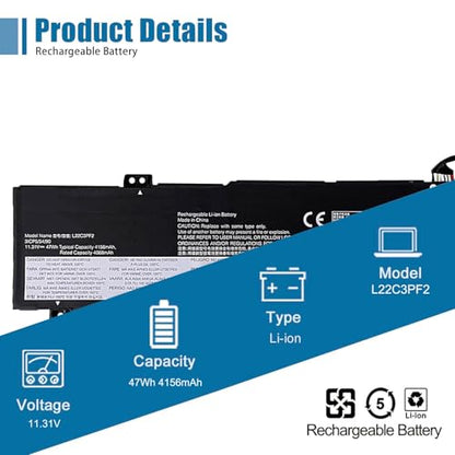 L22C3PF2 Laptop Battery Replacement for Lenovo V14 V15 G4 AMN IdeaPad Slim 3 14AMN8 14IAH8 15IAN8 15IRU8 16IAH8 Series L22D3PF2 L22B3PF2 L22M3PF2 L22X3PF2 SB11K09308 11.31V 47Wh 4156mAh - size: 11.75*2.45*0.25 inch L22C3PF2