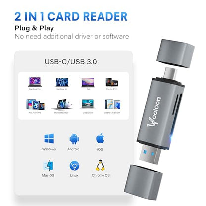 OTG SD Card Reader，Dual Slots USB 3.0 Type C to Micro SD Card Adapter, MicroSD SDHC SDXC Memory Card Viewer with Leather Carrying Case for Camera, iPhone 17 16 15 Pro/Pro Max PC MacBook Laptop