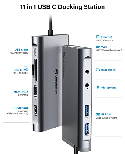 UtechSmart USB Docking Station, 11 IN 1 USB C Dock Triple Display, USB 3.0 Laptop Docking Station with Dual HDMI, VGA, PD, Ethernet, SD/TF, USB 3.0, Mic/Audio, Compatible for MacBook M1 Dell HP Lenovo - color: Grey