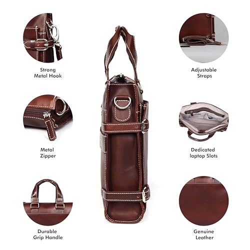 Leather Laptop Briefcase for Men - Classic Brown, 3 Zipper Pockets, 2 Spacious Compartments, Fits 16-inch Laptop (16x12x4 inches), Adjustable Strap