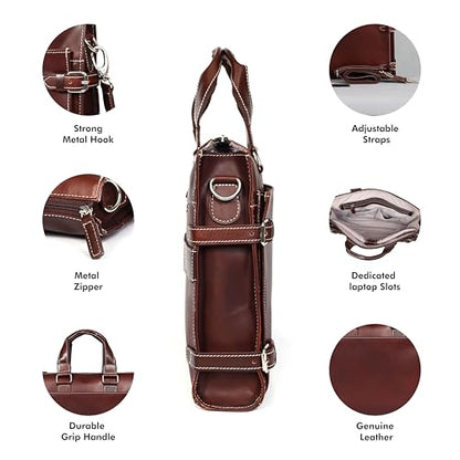 Leather Laptop Briefcase for Men - Classic Brown, 3 Zipper Pockets, 2 Spacious Compartments, Fits 16-inch Laptop (16x12x4 inches), Adjustable Strap