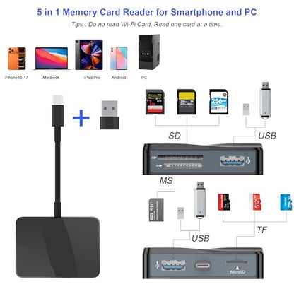 SD Card Reader, 5 in 1 USB-C & USB Card Adapter with SD/MicroSD/MS and Dual USB-A Ports Memory Card Reader for iPhone 17/16/15 Pro Max iPad MacBook Pro/Air M4/M3 Android Phone/Tablet PC (Black) - color: Black
