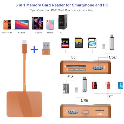 SD Card Reader, 5 in 1 USB-C & USB Card Adapter with SD/MicroSD/MS and Dual USB-A Ports Memory Card Reader for iPhone 17/16/15 Pro Max iPad MacBook Pro/Air M4/M3 Android Phone/Tablet PC (Terracotta) - color: TerraCotta