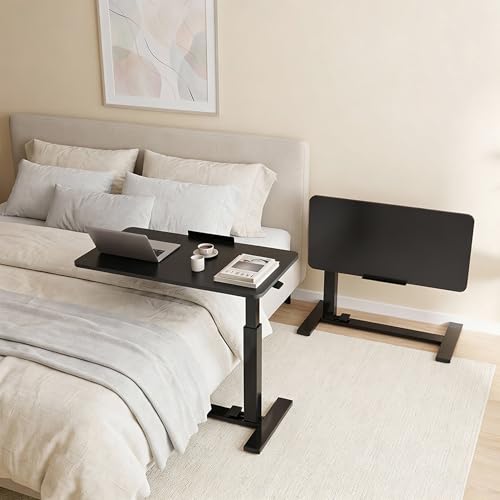 DUMOS Standing Desk with Wheels, Computer Cart, Rolling Table | Height Adjustable, Pneumatic Lift, Portable Workstation, Bed Sofa Hospital, Office Use, Black