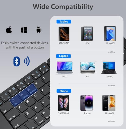 PopBloom Foldable Bluetooth Keyboard - Portable Keyboard, Rechargeable Full Size Ultra Slim Compatible iOS Android Windows Smartphone Tablet and Laptop (Only Keyboard) - color: Elegant Blue-Black Keyboard, No Bag