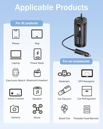 150W Car Power Inverter Cup Holder, 12V DC to 110V AC Power Converter with 1 AC Outlet and 1 USB-QC, Car Plug Adapter Car Outlet Adapter for Laptop, Computer, Phones on Camping Road Trip