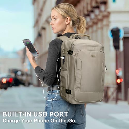 Travel Backpack Carry On Everyday Laptop Backpack Fits 16" Laptop | Flight Approved Luggage Backpack for Men Women, Suitcase-Style Main Pocket, Laptop Compartment, USB Port, for Travel, Daily - color: Khaki