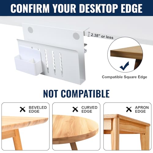 LUKETURE Desk Side Storage, No Drill Laptop Mount with Pen Holder, Clamp-On | Fits Flat Edge Desks 0.3 to 2.8 Inches,Secure Grip on Wood, Glass, or Metal Surfaces Without Slipping - color: White(1 Tie)